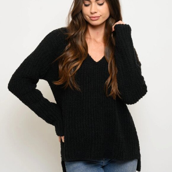 Oversized Ultra Soft V-neck Long sleeved Sweater black - Picture 1 of 3